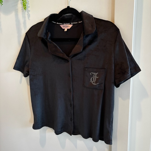 Juicy Couture Black Velour Button Up Sleepwear Top Stud Bling Juicy Back Size L - Picture 2 of 12